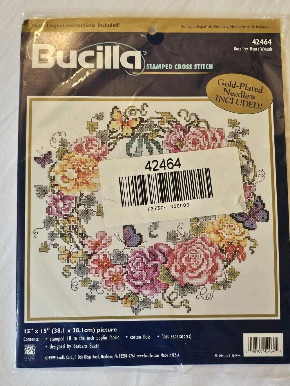 Bucilla Rose Ivy Heart Wreath 15" x 15" Barb Baatz Stamped Cross Stitch 42464